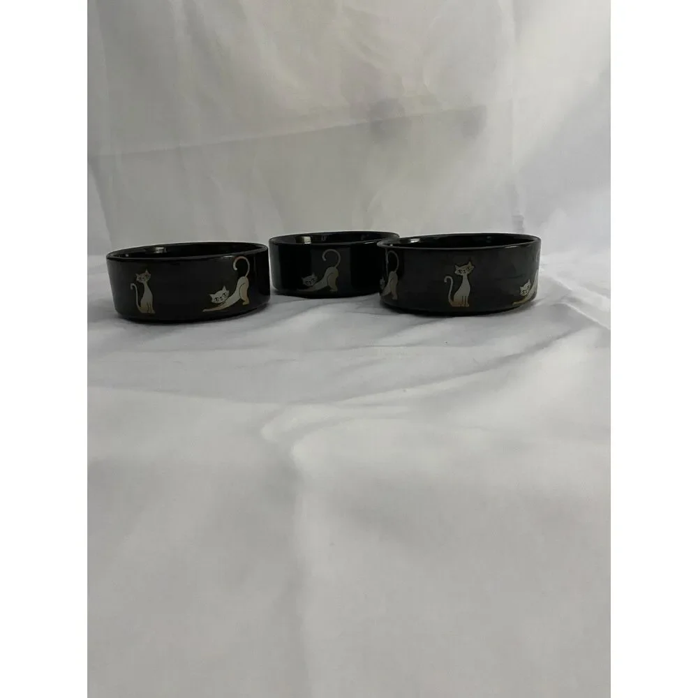 3 Whisker City Ceramic Cat Food Water Bowl Black